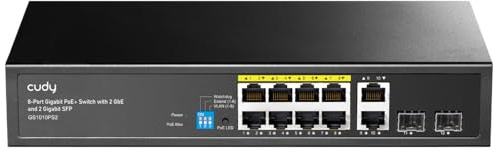 Cudy 12-Port-Gigabit-Smart-Switch, 120 W PoE, 2 SFP, GS1010PS2 | 8x 802.3af/at, 2x GbE, 2x Glasfaser, 20 Gbit/s Kapazität, Port-Isolation/250-m-Modus, SPCC-Gehäuse, 256 × 170 × 44 mm
