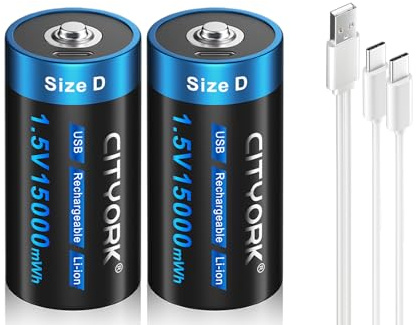 CITYORK USB-C 1.5V D Size Rechargeable Lithium Batteries, High Capacity 1.5V 15000mWh D Cells Batteries with Type C Charging Cable - 2 Pack