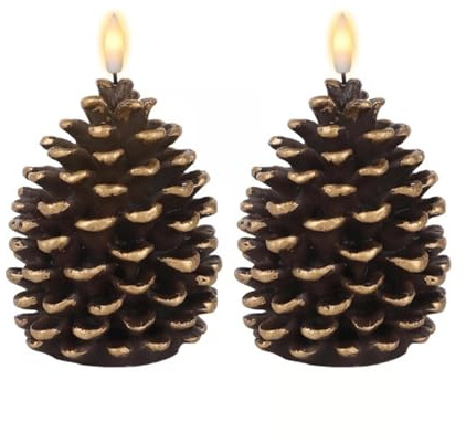 2 candele senza fiamma, candele senza fiamma, candele senza fiamma a batteria, candele in cera non profumate, pigne con finitura marrone, per decorazioni natalizie e feste in casa (2 pezzi)