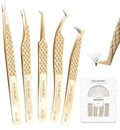 NAGARAKU Fiberspets ögonfranspincett 5-delat set professionell precisionspincett rak böjd och volym fack pincetter guld rostfritt stål exakt stängning lätt tunn fiberspets tweezers set