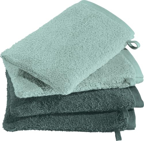 Erwin Müller Waschhandschuhe Bühl 4er-Pack Jade/Oliv Größe 15x21 cm - besonders flauschig, voluminös, äußerst saugfähig