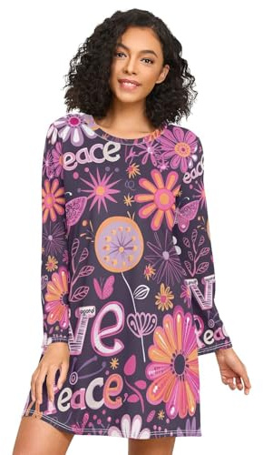 RPLIFE Lila hippie blommor sovtröjor för kvinnor, långärmade nattlinnen för kvinnor, vardaglig husklänning för höst, Lila hippie blommor, XL