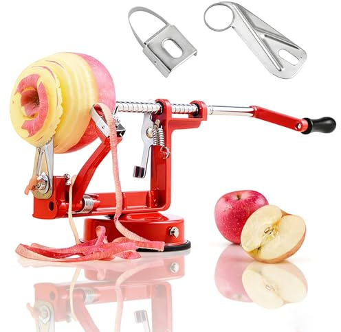 3 in 1 Apfelschälmaschine hochwertigem Edelstahl Rot | Manueller Apfelschäler mit Entkerner Spiralschneider Profi Obstschäler Äpfel Birnen Kartoffeln starkem Saugfuß Ersatzklingen