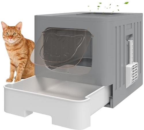 PawHut Cat Litter Tray Cat Litter Box with Lid Slide-Out Drawer Tray Grey | Scoop, Easy Clean, Odour Control, Anti-Splashing