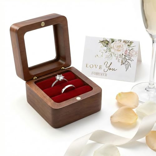Katyjun Ring Box Verlobung Aufbewahrung Fixierung Ring Schatulle Mit Zwei Ring Rillen 5.5 x 5.5 x 4cm Magneticschloss Geeignet für Heiratsantrag und Hochzeit Enthält Grußkarte mit LOVE You FOREVER