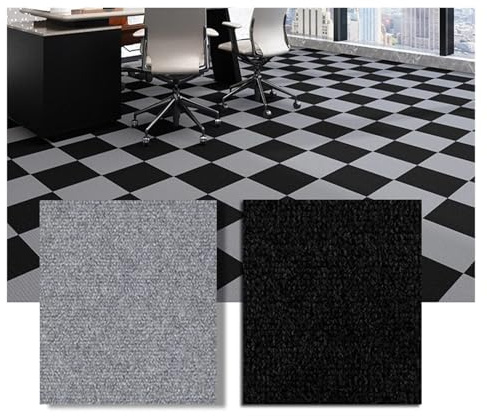 Teppichfliesen Selbstklebende Teppichbodenfliesen Aufkleber Quadratische Teppiche Abziehen und Aufkleben Matte DIY Bodenbelag for Küche Esszimmer Schlafzimmer(Gray and Black,40PCS)