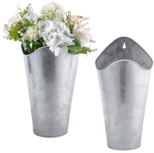 WADORN Juego de 2 macetas de pared de metal galvanizado de 30,5 cm, jarrón de pared rústico, colgante falso, soporte para flores, jarrones de chapa para interior y exterior, decoración del hogar