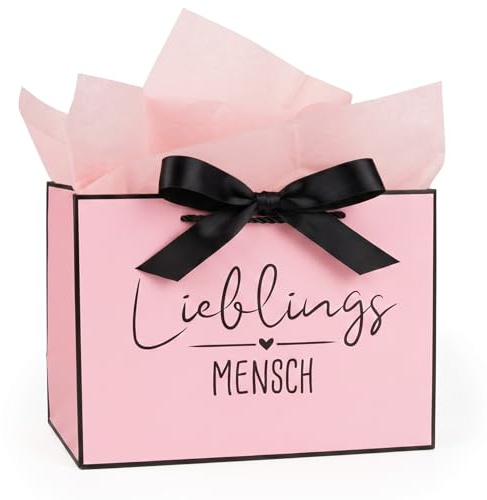 COMOOKA 31x12x21cm Lieblingsmensch Geschenktüte Rosa mit Seidenpapier | Lieblingsmensch Geschenk Frau & Mädchen, Geschenktüte Geburtstag & Hochzeit, Geschenkverpackung für Beste Freundin