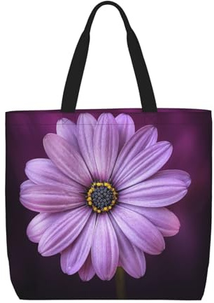 Borsa tote in tela con stampa di crisantemo viola, borsa per la spesa riutilizzabile grande borsa da palestra in tela portatile borsa per la spesa con tasca interna