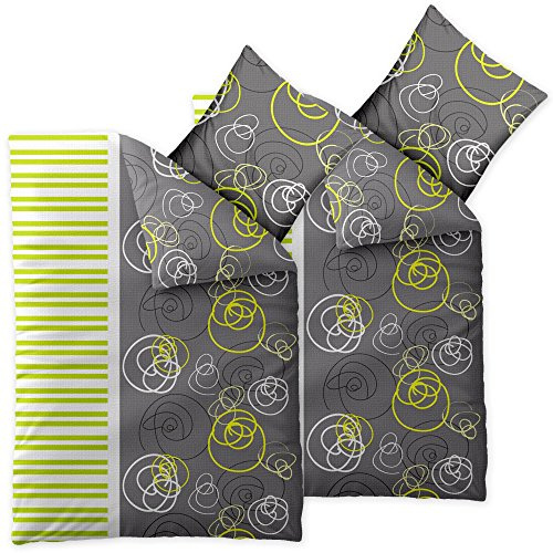 CelinaTex Enjoy Ropa de Cama 155 x 220 cm Funda nórdica de algodón 4 Piezas Seersucker Andrea círculos Rayas Gris Verde Blanco