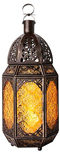 Lewondr Metal Glass Ramadan Candle Lantern, Moroccan Style Portable Candle Holder Pavilion Shape Bowl Bottom Decorative Hanging Lamp Wind Lantern Décor for Home Patio Balcony Garden - Copper + Yellow