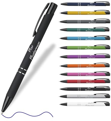 Personalisierter Kugelschreiber - Geschenk für Kollegen & Freunde zu Weihnachten - Stift mit langlebiger blauschreibende Mine - persönliches Geschenk zum Geburtstag (Schwarz-Gummiert)