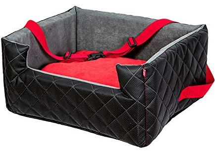Exclusive Hunde Autositz | Autositz für Hunde, Katzen, Haustier | Rückbank, Beifahrersitz | Hundebett, Hundetasche | Kunstleder | Farbe: Schwarz/Rot | Große: M (47x40 cm)