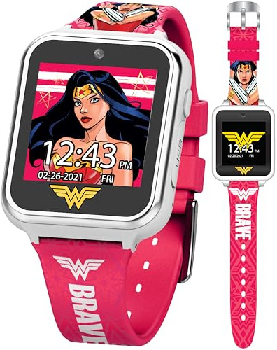 Wonder Woman Kids Smart Watch – Interactive Touchscreen with Games, Selfie Camera, Voice Recorder, Step Counter, Alarm, Stopwatch, and Custom Watch Faces – Pink Silicone Strap – Fits Wrists 5.5” to 8”