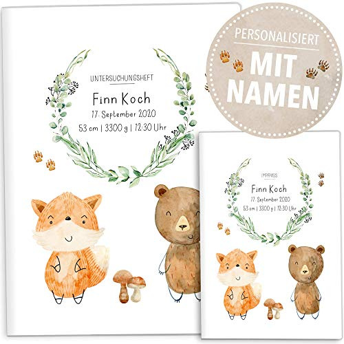 OLGS U-Heft-Hülle inkl. Impfpass Hülle Set Have Fun | Untersuchungsheft Hülle & Impfpasshülle schöne Geschenkidee personalisierbar mit Namen (U-Heft Set personalisiert, Fuchs & Bär)