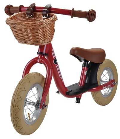 Bandits & Angels Laufrad aus Metall mit Weidenkorb Retro Rot mit Trittbrett ab 2 Jahren – Rotes Lauflernrad – Verstellbarer Sattel 29 bis 39 cm – Für Jungen und Mädchen – Niedriger Einstieg