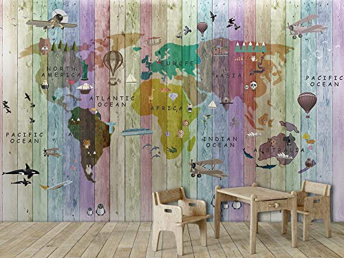 Oedim Fotomural Vinilo Adhesivo Mapamundi Colores en Madera Vertical, Vinilo Adhesivo Decorativo para Habitaciones, decoración para Paredes