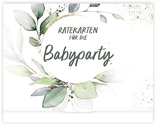 HIMMEL.HERZ.PAPIER® Babyparty Spiele - 25 Babyshower Karten zum Ausfüllen für Babyparty Mädchen und Jungen - Ratespiel inkl. Box - GrünGold