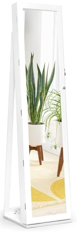 RELAX4LIFE Schmuckschrank mit Ganzkörperspiegel & eingebautem Schminkspiegel, freistehendes Schmuckregal, abschließbar mit Schlüssel, Spiegelschrank Landhausstil, für Schlafzimmer & Garderobe (Weiß)