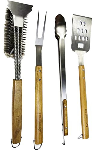 Cubesu Grillbesteck 4er Set aus rostfreiem Edelstahl & Akazienholz - Grillspachtel mit Flaschenöffner & Sägeblatt, Grillzange, Grillbürste, Grillgabel