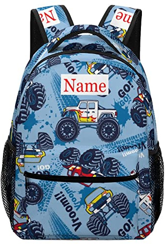 Mraxovid Personalised Monster Truck Backpack with Name Custom Kids School Bag Boys Girls Teens Backpack with Chest Strap