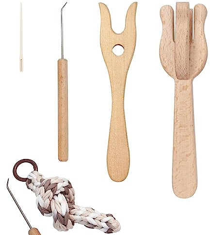 Lucet Tool | Wooden Braided Tools for Rug Making | Weaving Tools with Big Eye Needle, Portable Knitting Fork Set, Lucet Fork Crochet, Wooden Fork Braider Kit for Knitting Crafts Manolyee