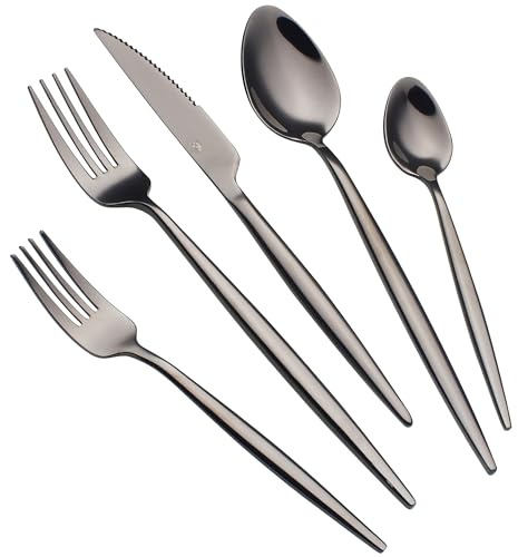CHAAMFORGE 20 Piece Luxury Silverware Set for 4 Black Mirror-Polished 18/10 Stainless Steel Heavy Flatware Set Modern Cutlery Set Knife/Fork/Spoon with Gifts for Home & Restaurant