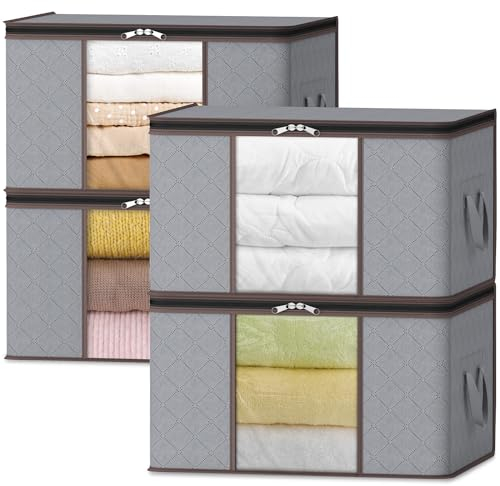 Lifewit 50L Aufbewahrungstasche Kleidung, Kisten Aufbewahrung mit Deckel Kleideraufbewahrung aufbewahrungsbox Kleiderschrank Organizer mit Verstärkt Griff für Kleider Bettzeug, 4 Stück, Hellgrau