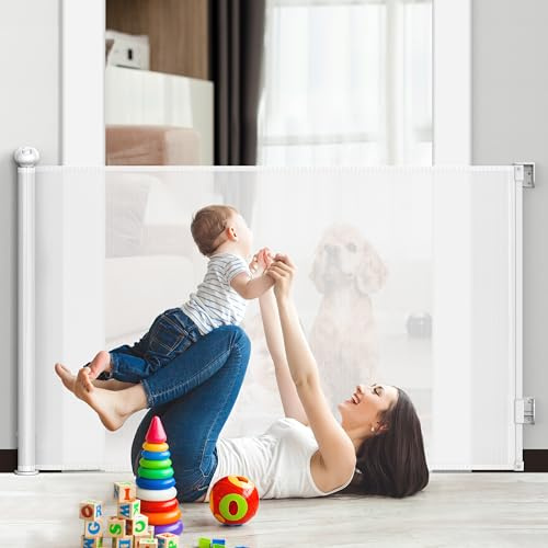 1st Deer Retractable Child Gate Extends up to 140cm/ 55”, One-Hand Operation Baby Gate for Doorways, Stairways & Hallways, Indoor & Outdoor, Door & Stair Gate for Baby, Dogs & Cats, White
