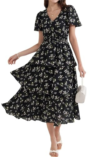 GRACE KARIN Donna Abito Midi Svasato A-Line Scollo V Maniche Corte Vita Elastica