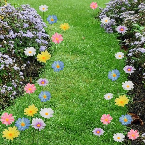 20 Pcs Daisy Flower Garden Stakes Decor Mother's Day Metal Daisy Flower Garden Stakes Iron Crafts, Hand Forged Plant Pick Water Proof Metal Flower Stick Décor for Patio, Lawn, Yard Decorations