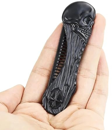 Herren Taschenkämme, professioneller Salon-Bartkamm, Zinklegierung, Schnurrbartkamm, faltbares Barttrimmwerkzeug, Totenkopf-Stil, tragbares Geschenk, Schwarz