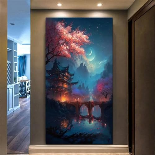 5D DIY Diamond Painting Nachtkirschblüten Diamond Painting XXL Erwachsene Groß 100x233cm Diamond Art Alte Brücke Diamant Painting Bilder Kinder Anfänger Dimondpaintin Geschenke für Frauen Wand Deko