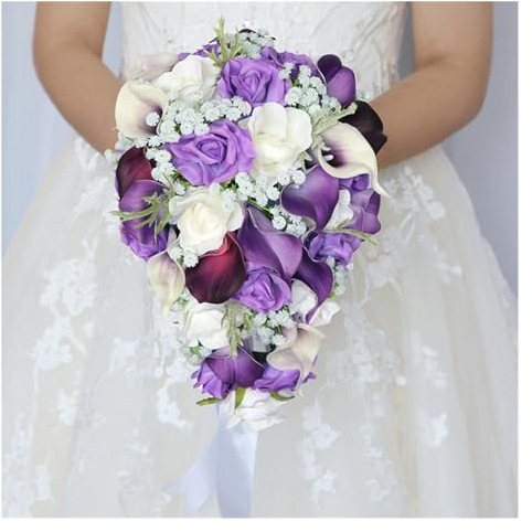 Fasksh Hochzeitssträuße Weiß Lila Calla Lilie Wassertropfen Wasserfall Romantische Blumen Blumensträuße für Jahrestag Brautdusche Hochzeit