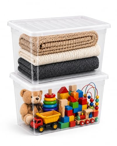 RelianceUK 2 X 80L Large Plastic Storage Boxes with Lids | 80 Litres Multipurpose Strong Stackable Storage Box With Clear Lids, Home Office Kitchen Garage Clothes Big Clear Containers
