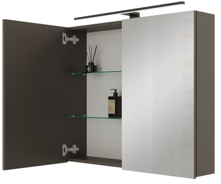 Planetmöbel ARIA Spiegelschrank Bad mit Beleuchtung 80 cm breit | Badschrank hängend mit Spiegel, Anthrazit, mit Leuchte und Steckdose, Spiegelschrank Gäste WC 80 x 70 x 16 cm