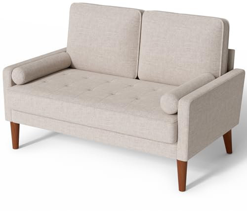 Meskanu Sofa 2 Sitzer, Modernes 2er Sofa mit 2 Wurfkissen, Kleine Stoffcouch mit Armlehne, Mini Sofa für Wohnzimmer/Wohnung/Büro, Einfache Montage, Aschbeige, 121 x 77 x 87CM