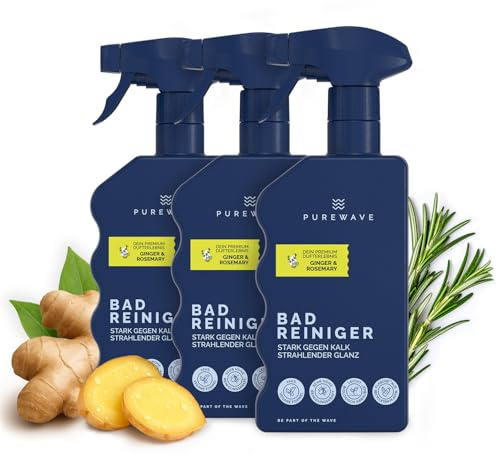 PUREWAVE Badreiniger Ginger Rosemary – natürlicher Badreiniger, vegan, effektiv gegen Kalk und Seifenreste, frischer Duft nach Ingwer und Rosmarin, 500 ml (3 Pack)