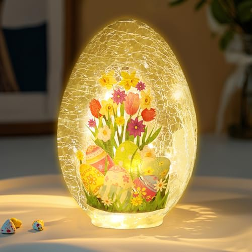 GZWY Osterdeko Crackle Ostereier mit LED Licht, Ostern Deko LED Crackled Glas Ostereier Nachtlicht mit Blume, Osterdeko Innen Tischdeko Leuchtende Osterei für Frühlingsdeko Ostergeschenke (A)