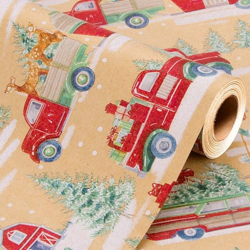 Wikadlik Kraft-Geschenkpapier für Weihnachten, Weihnachtsbaum, Weihnachtsmann, Auto, Schnee, Geschenkpapierrolle für Feiertage, festliche Feiern, Basteldekoration, 43 cm x 10 m