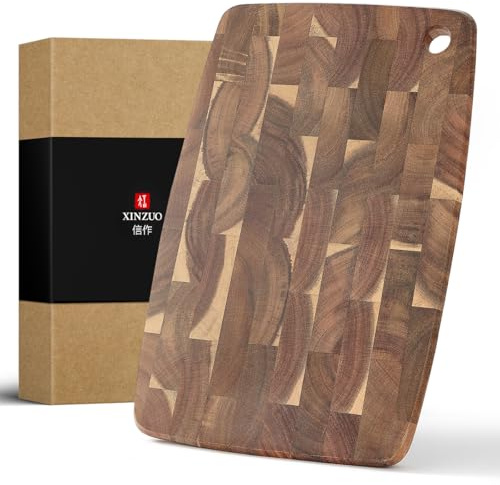 XINZUO Acacia Wood End-Grain Cutting Board with Hanging Hole,Small Rectangular Chopping, Serving Board/Block for Vegetables, Fruits, Cheese and Charcuterie,36 x 24 x1.9 cm