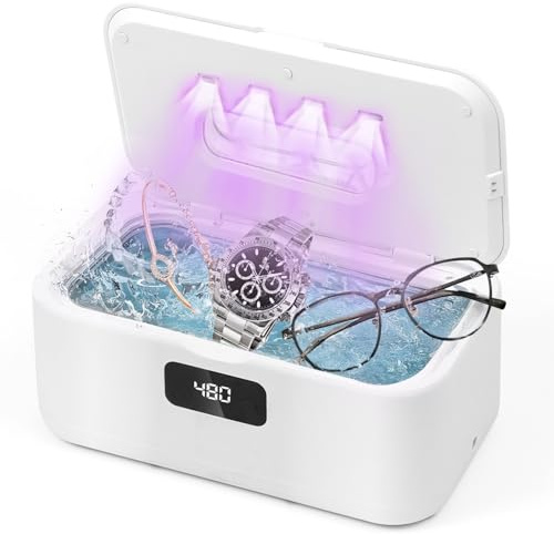 Nettoyeur Ultrasons 800ml, 49kHz avec Lampe U-V et 5 Modes Minuterie – Ultrasonic Cleaner Professionnel pour Lunettes de Vue, Bijoux, Prothèses, Montres et Pièces de Monnaie (Blanc)