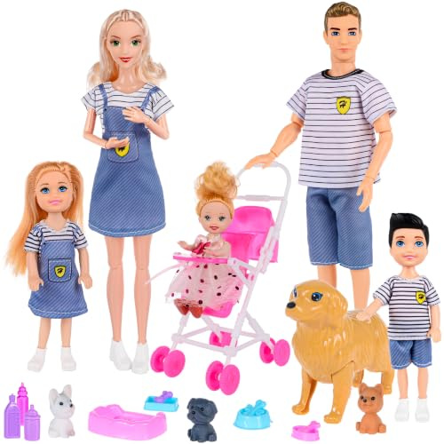 dollbie Puppen Familie Spielset mit Kinderwagen Set- 6 Personen, Haustiere & Zubehör für 3-12 Jahre alt | Kleinkind Geschenk mit schwangerer Mutter, Vater, 3 Kinder, Hunde und interaktives Spiel