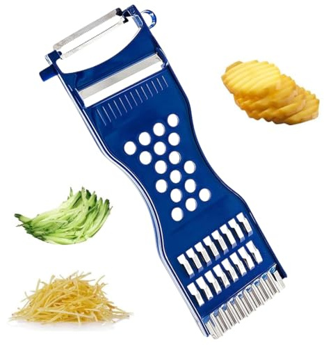 UIEXAY Pelapatate, pelatutto, grattugia per verdure multifunzione 6 in 1, lame in acciaio inox, impugnatura ergonomica in plastica resistente, colore blu