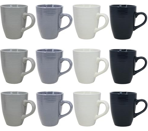 UNIQUE HOME LIVING Grey Stoneware Coffee Mugs Set of 12, 320ml Tea and Coffee Cups, Dishwasher and Microwave Safe, Chip-Resistant Stoneware Mug Set for Tea, Latte, Cappuccino, Mocha, Hot Chocolate