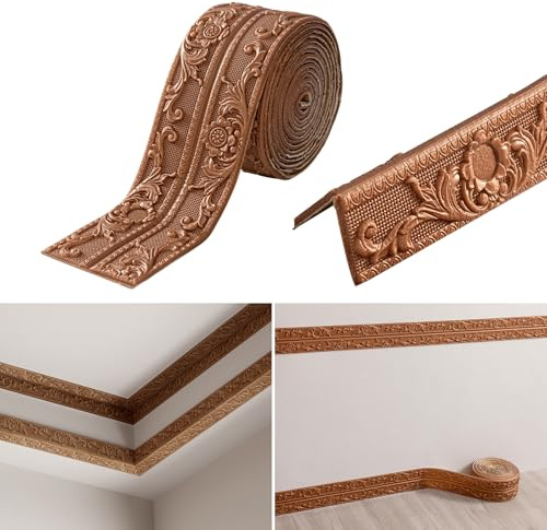 KAHCOP Bordüre Selbstklebend, Wandbordüre 4,5m x 10cm x 8mm, Rokoko-Stil Zierleisten, Wasserdicht 3D Tapetenbordüre für Flur, Decke, Ecke, Linie (Braun)
