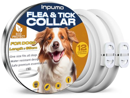 Collare Antiparassitario per Cani, 12 Mesi Protezione Regolabile Collare Antipulci Cane, Collar Antipulci per Cani con Oli Essenziali 100% Naturali Regolabile per Tutte le Taglie, 2pcs