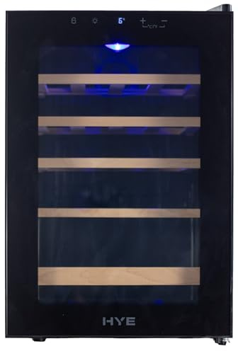 HYE Wine Cooler - Wine Fridge With 20 Bottle/62L Storage, 43CM Width, Wooden Shelves, LED Top Lighting, Temperature Range Adjustment, 40 dB Operation, Perfect For Enthusiasts - RF01WC20B31