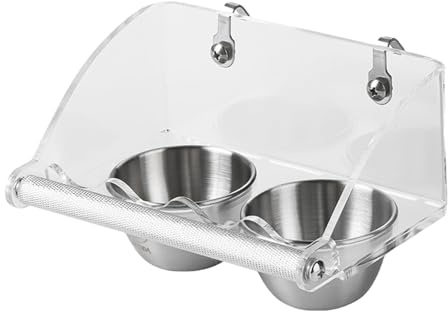 Ciotola per uccelli in acciaio inox, 15,3 x 10,2 x 9,5 cm, con supporto in acrilico, mangiatoia e abbeveratoio per pappagalli, parrocchetti, fringuelli, canarini, piccoli animali domestici