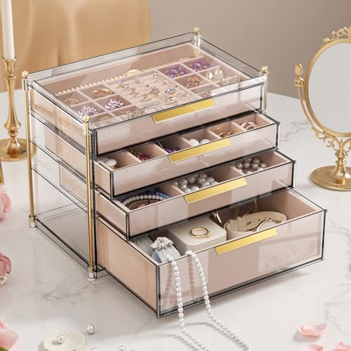 IJIAMY Schmuckkasten mit 4 Ebenen, Schmuckkästchen Groß, Schmuck Organizer mit Glasdeckel für Halsketten, Ohrringe, Uhren, Armbänder, Schmuckaufbewahrung, Modern, Cinderella Plus